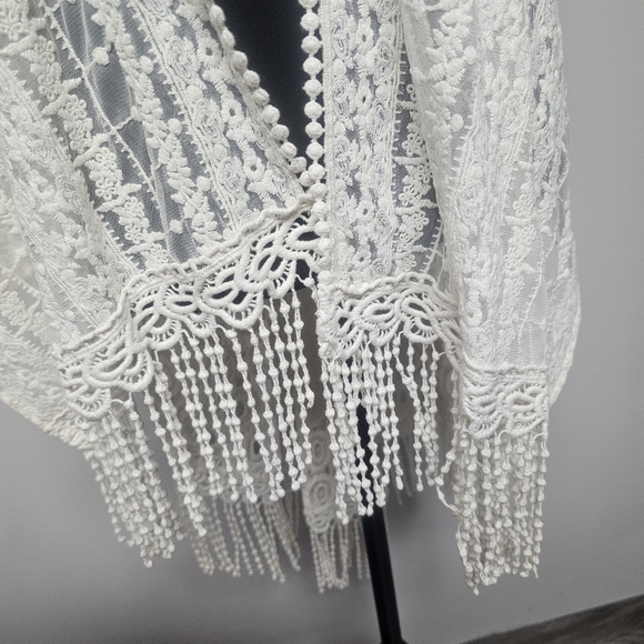 Chicos Crochet Lace Kimono Caftan Beach Swim Coverup Wedding Beige Cream Fringe - Picture 3 of 6